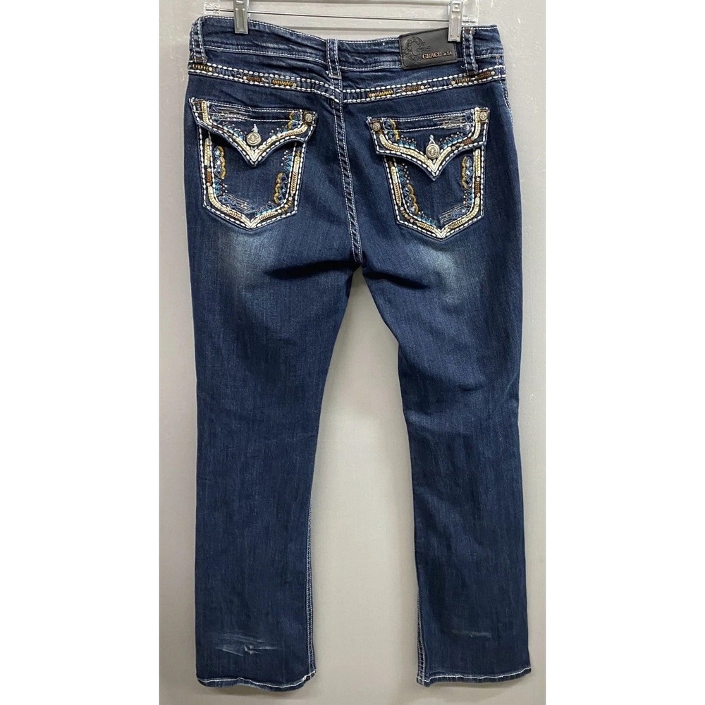 Grace in LA Easy Fit Bootcut Jeans Women 32 Blue Denim Cotton Embellished Pocket